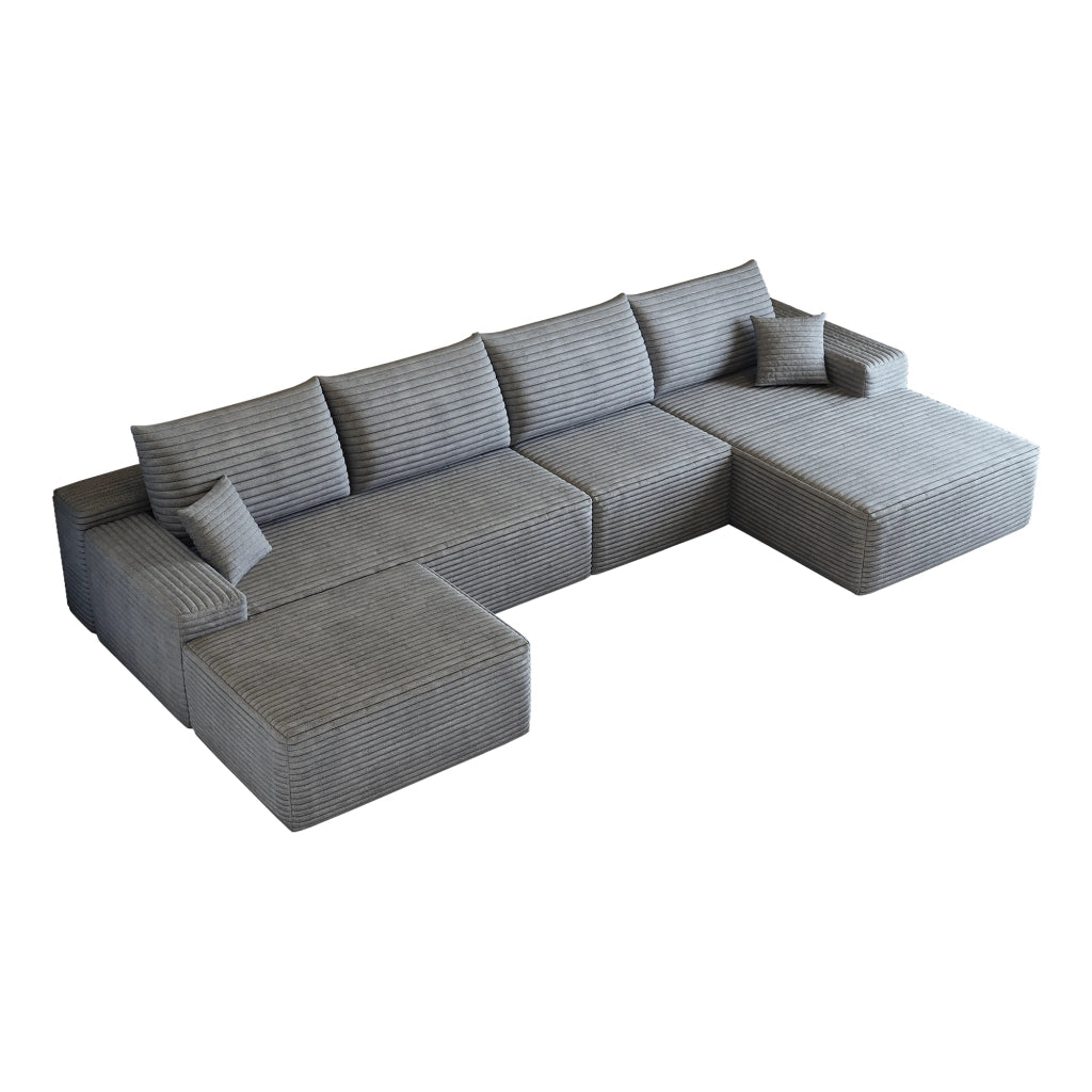 Divano angolare modulare con chaise longue, seduta profonda per soggiorno in tessuto a coste grigio