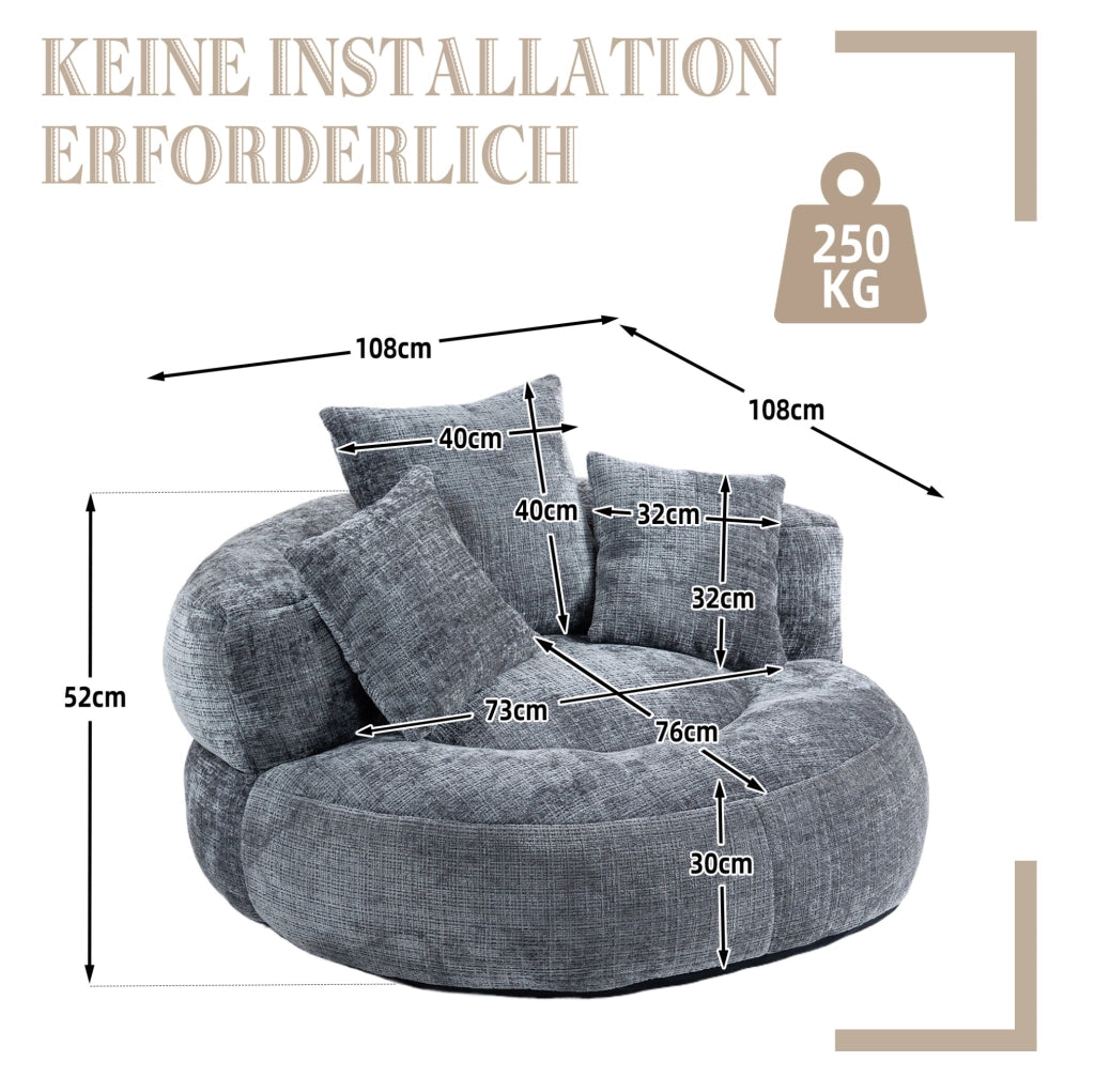 Poltrona lounge ULEVR in ciniglia grigia 108x108x52 cm con schienale alto e braccioli, seduta imbottita