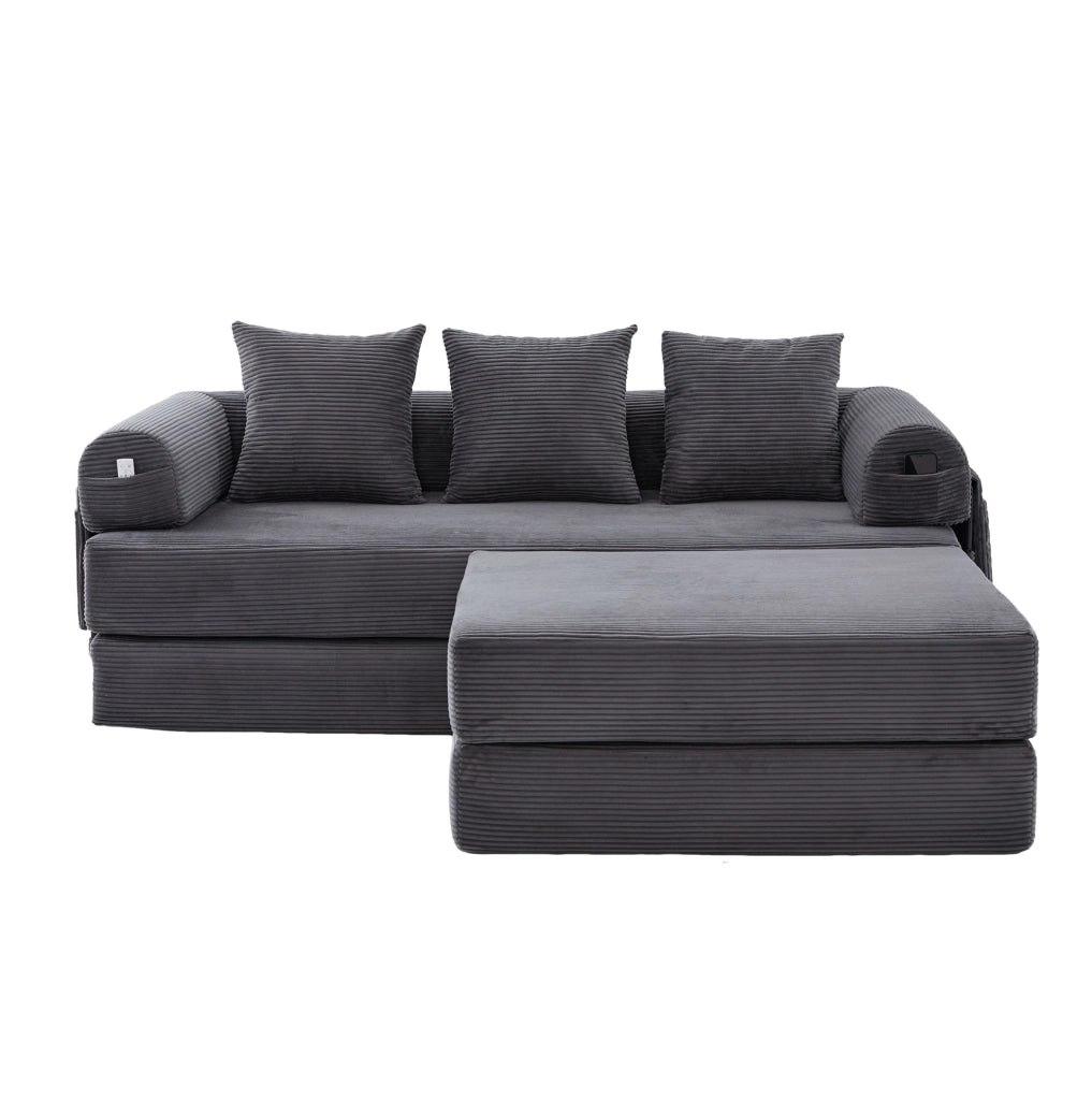 Sofa modulare in velluto a coste con pouf; tasca laterale e 3 cuscini; grigio scuro