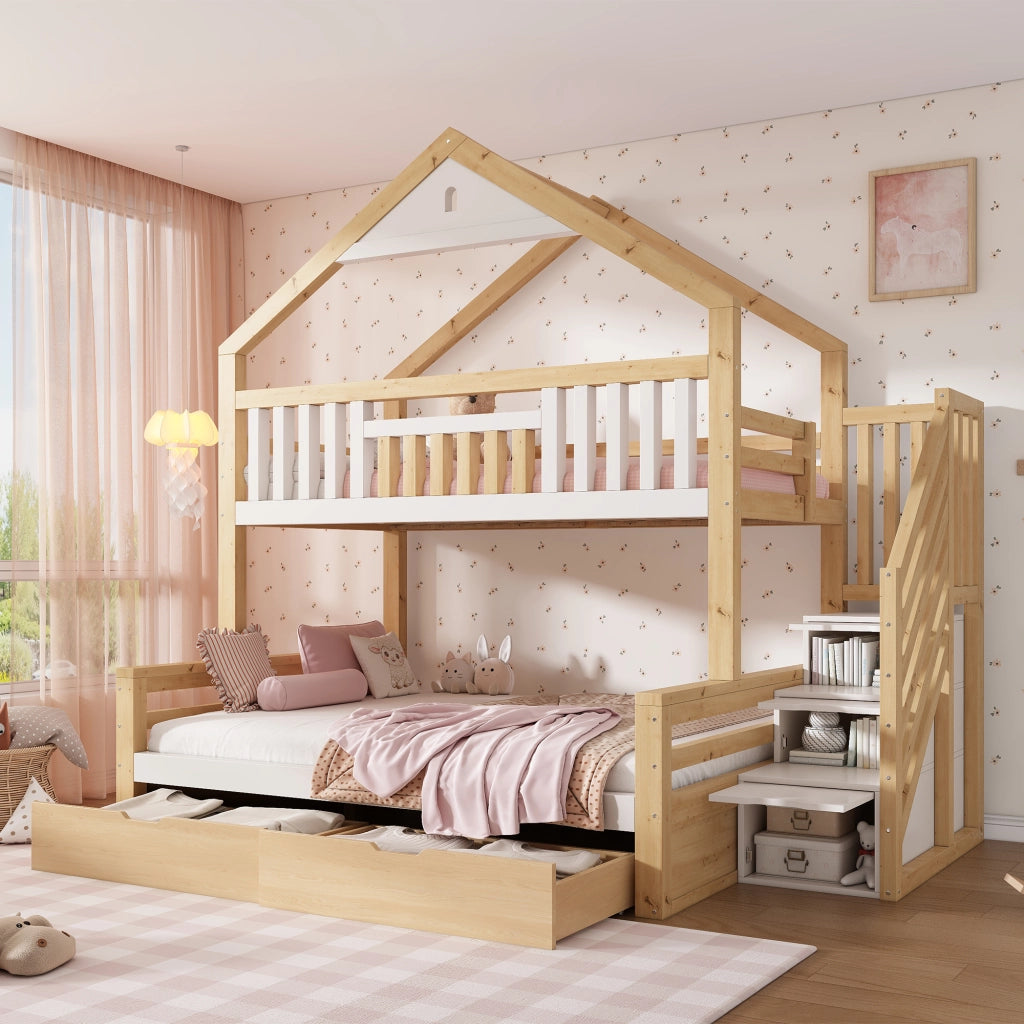 Letto a castello a casetta 90x200 e 140x200 cm in legno bianco e rovere