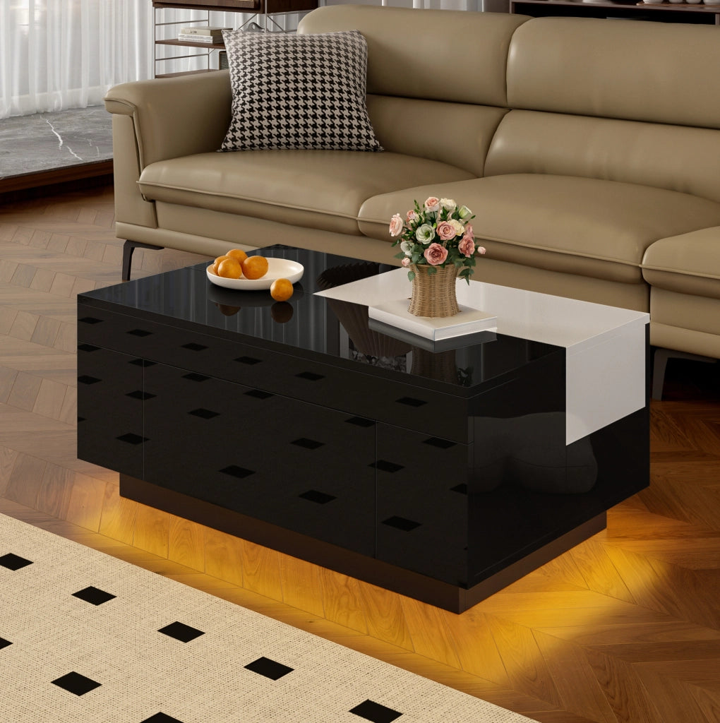 Tavolino da caffè moderno con LED; piano estraibile e cassetto nascosto; 80x50x35;5 cm; MDF nero e bianco