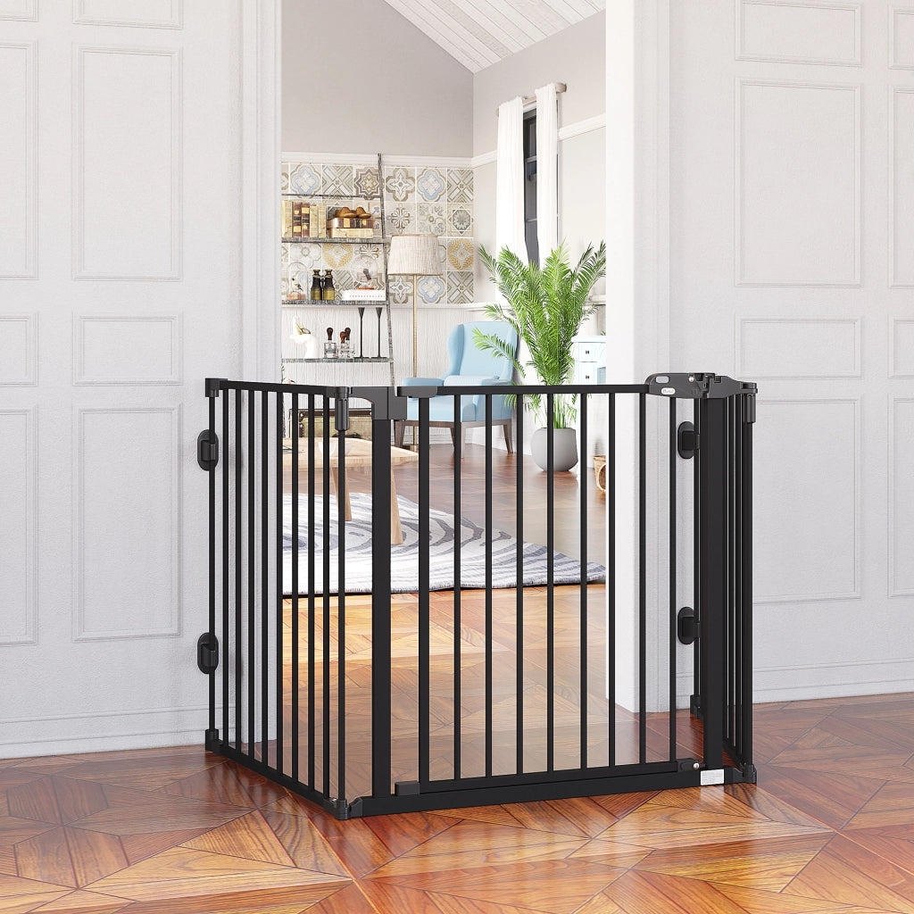 Cancelletto per cani a 3 pannelli con porta a chiusura automatica pieghevole in plastica nero 202.5 × 2 × 76 cm