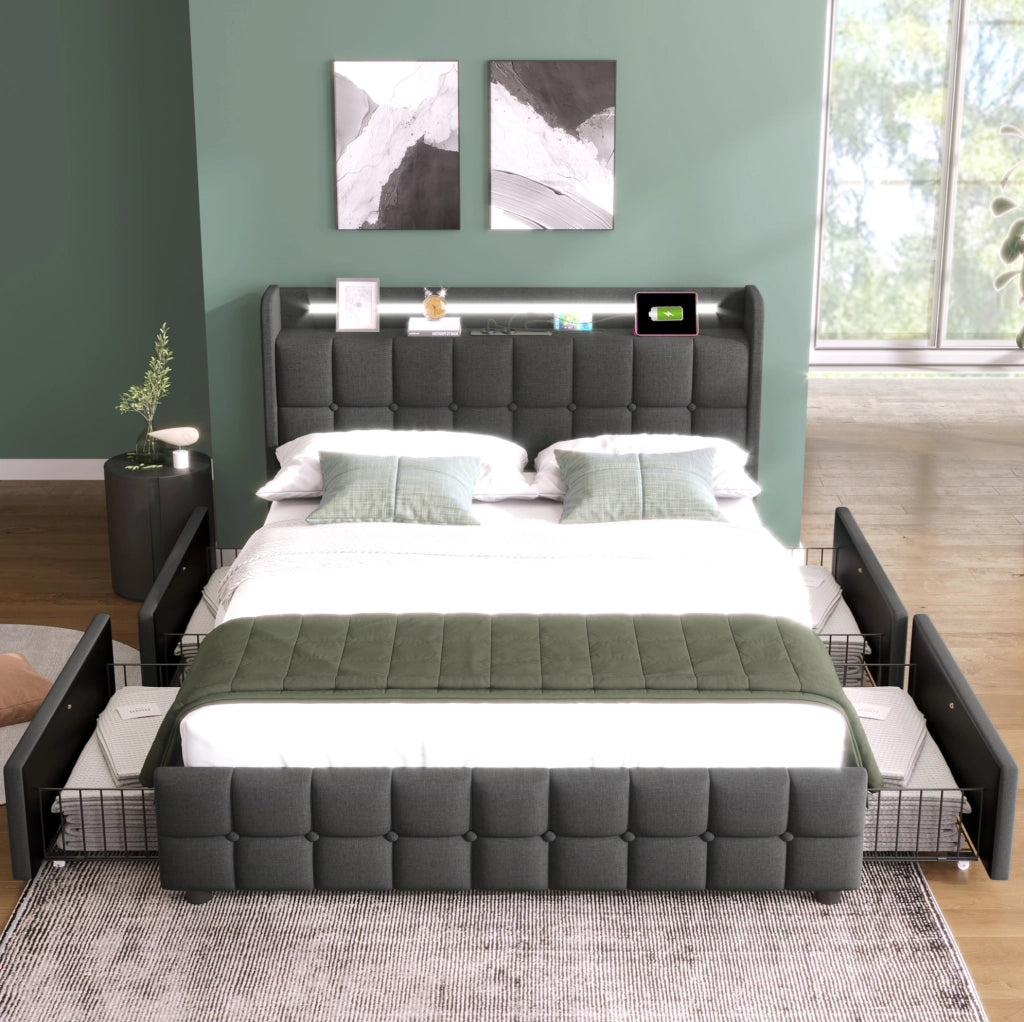 Letto 140x200 cm con LED, prese USB, 4 cassetti e rete a doghe in legno grigio