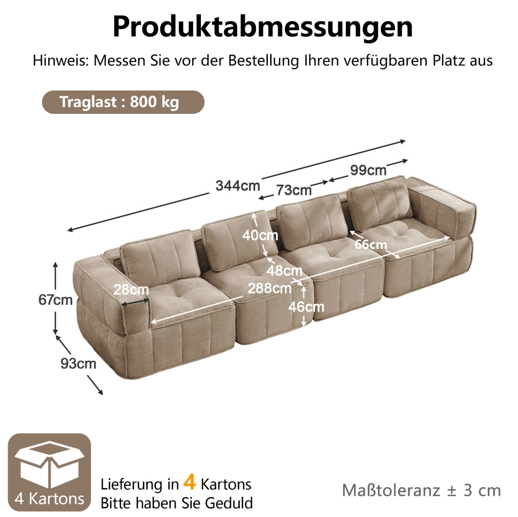 Divano modulare 4 posti 344x93x67 cm in poliestere sabbia, senza montaggio
