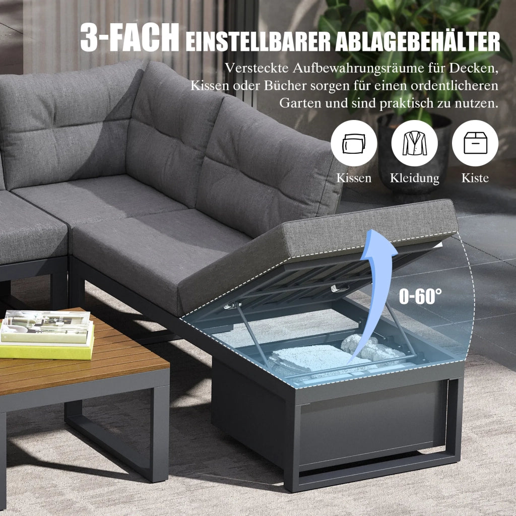 Set mobili da giardino multifunzione, schienale regolabile a 3 livelli con funzione reclinabile, cuscini spessi, vano portaoggetti, rivestimento in poliestere resistente alle intemperie, grigio scuro