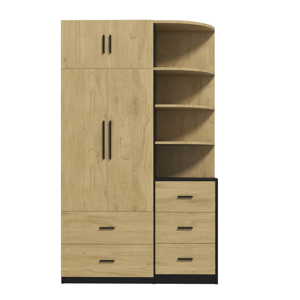 Armadio con appendiabiti, 5 cassetti, ripiani aperti e 2 ante per camera da letto, in MDF naturale e nero, 110 × 40 × 186 cm