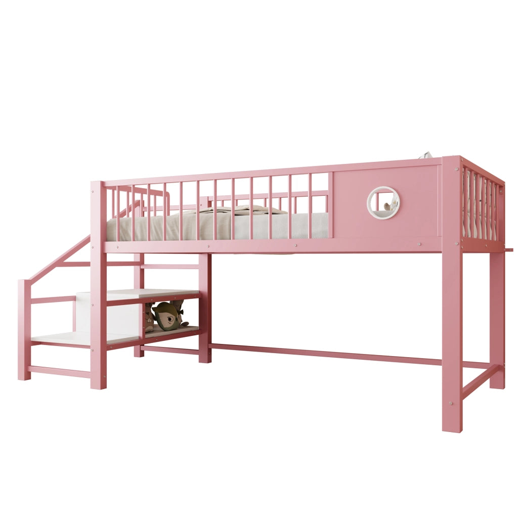 Letto a soppalco basso 90 × 200 cm 1 posto con scala contenitore e vano sottostante; senza materasso; rosa