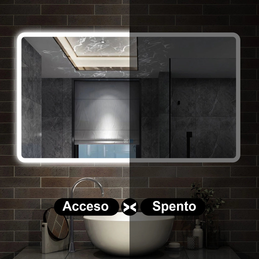 specchio rettangolare 100 x 60 cm con luce led a 3 colori, antiappannamento e touch, bluetooth