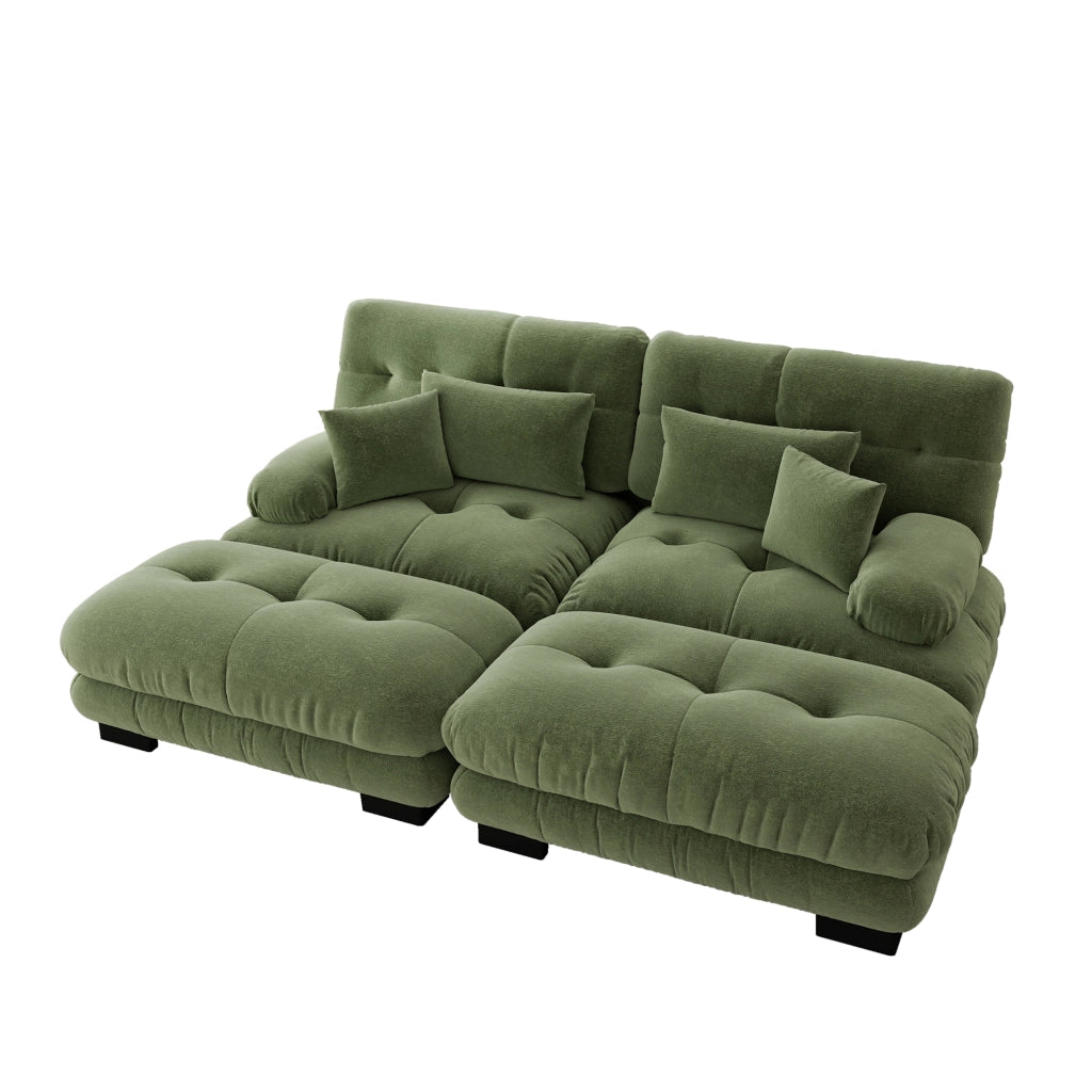 Divano modulare a 2 posti in chenille verde con braccioli arrotondati e pouf mobili