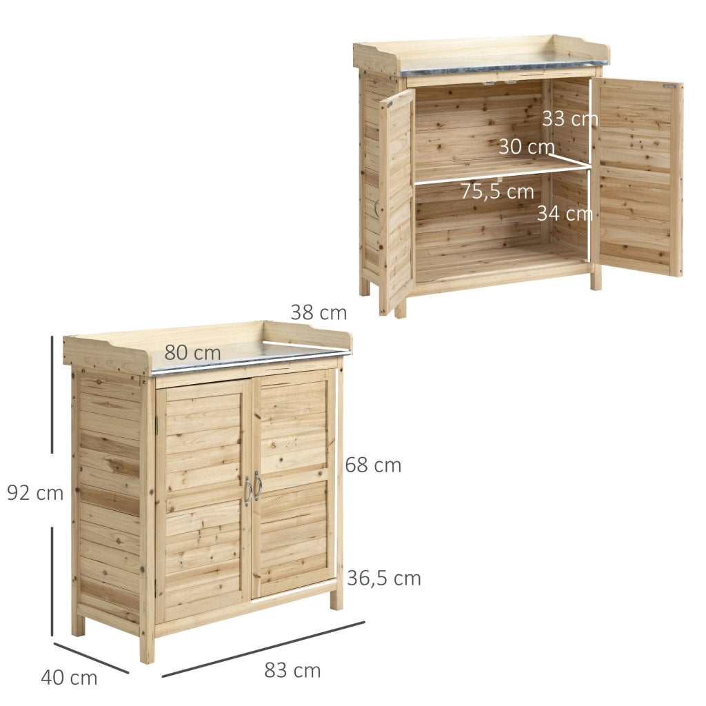 Tavolo da lavoro per giardinaggio con armadietto; 2 ripiani interni e piano zincato 83 × 40 × 92 cm