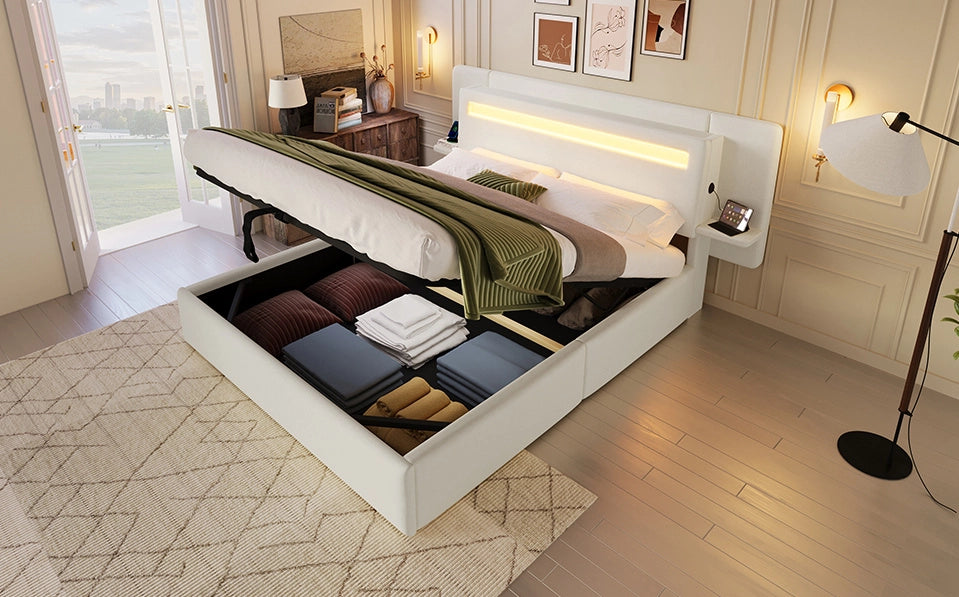 Letto imbottito 140 x 200 cm con contenitore idraulico, comodino integrato e luce LED multicolore beige