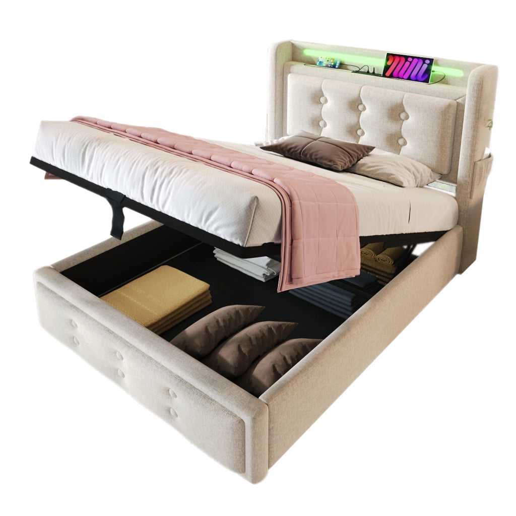 OKWISH Letto contenitore 90×200 cm, Letto Singolo con LED Regolabile, USB, Tipo C e Prese, senza Materasso, in Cotone Lino, Beige