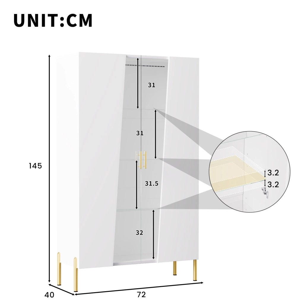 Vetrina bianca 72x40x145 cm con LED multicolore; 3 ripiani in vetro regolabili e MDF