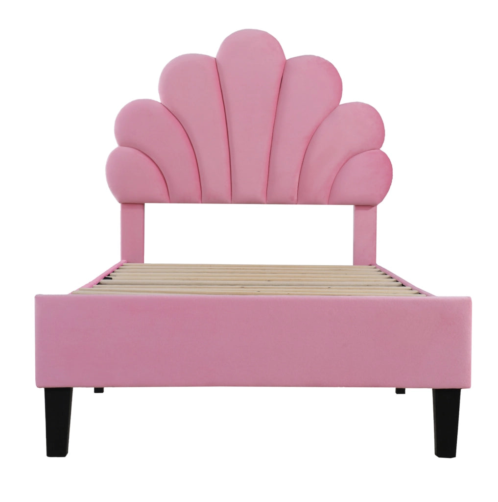 Letto imbottito rosa 90 x 200 cm con testiera a fiore e rete a doghe