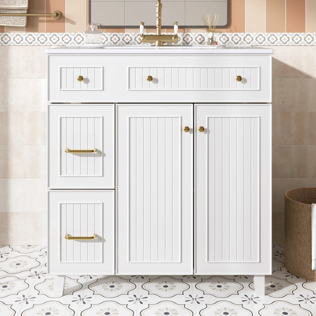 Mobile Bagno a Terra 81;7 cm con Lavabo in Ceramica; Cassetti e Anta; MDF; Bianco