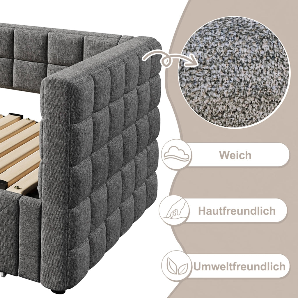 Letto singolo estraibile 90 ¡Á 200 cm in velluto grigio con schienale quadrato e due cassetti