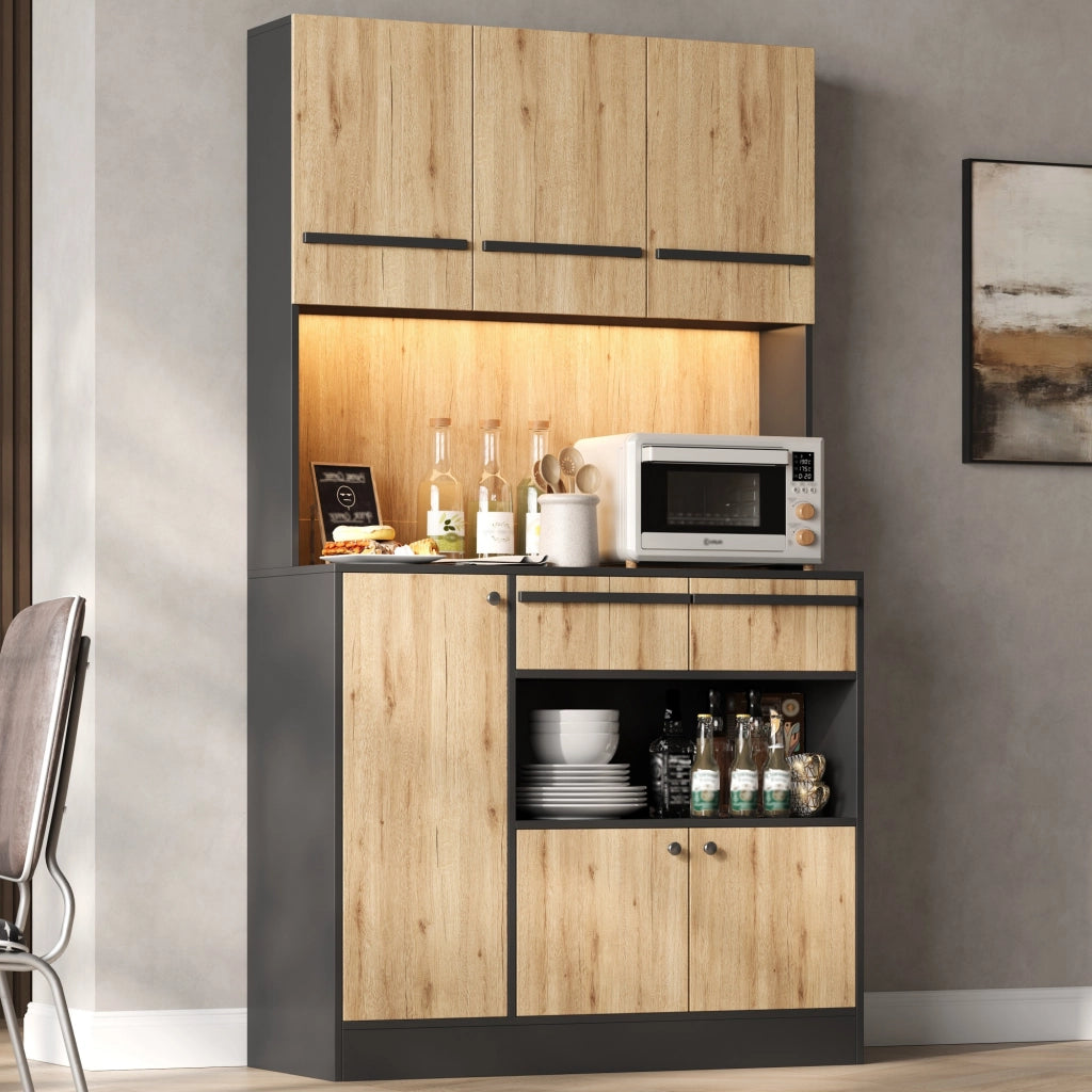 Mobile colonna da cucina con LED RGB; 2 cassetti e ripiani regolabili in MDF naturale e nero 100 × 40 × 180 cm