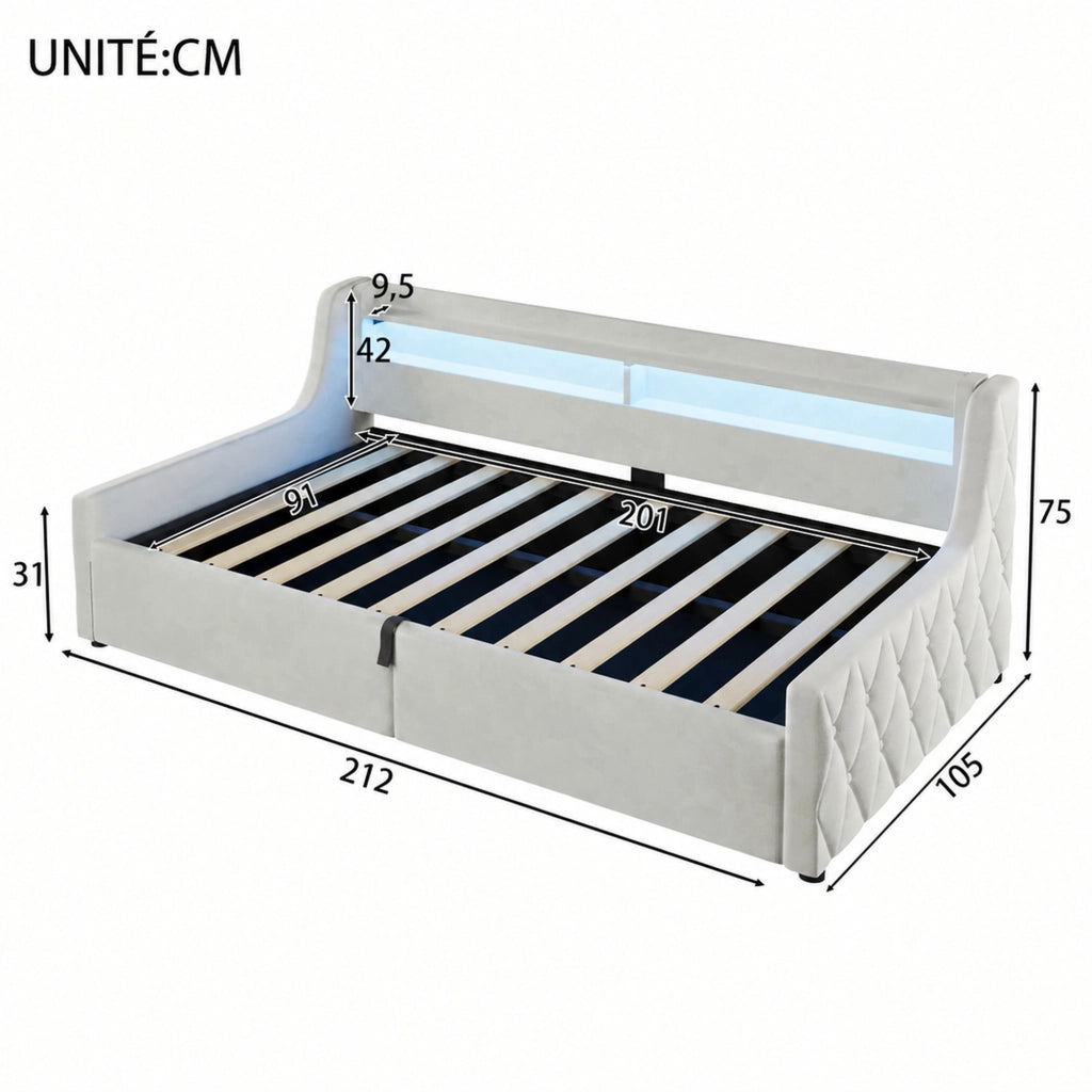 Letto singolo imbottito 90 × 200 cm con vano contenitore LED in velluto bianco sporco senza materasso