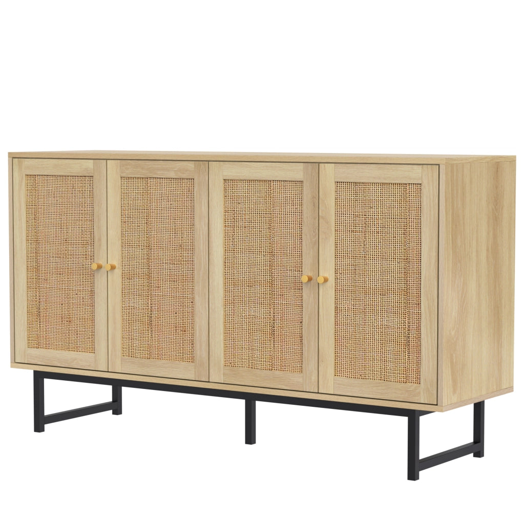 Sideboard 140x39,5x80 cm in effetto legno con intreccio in vero rattan e 4 porte