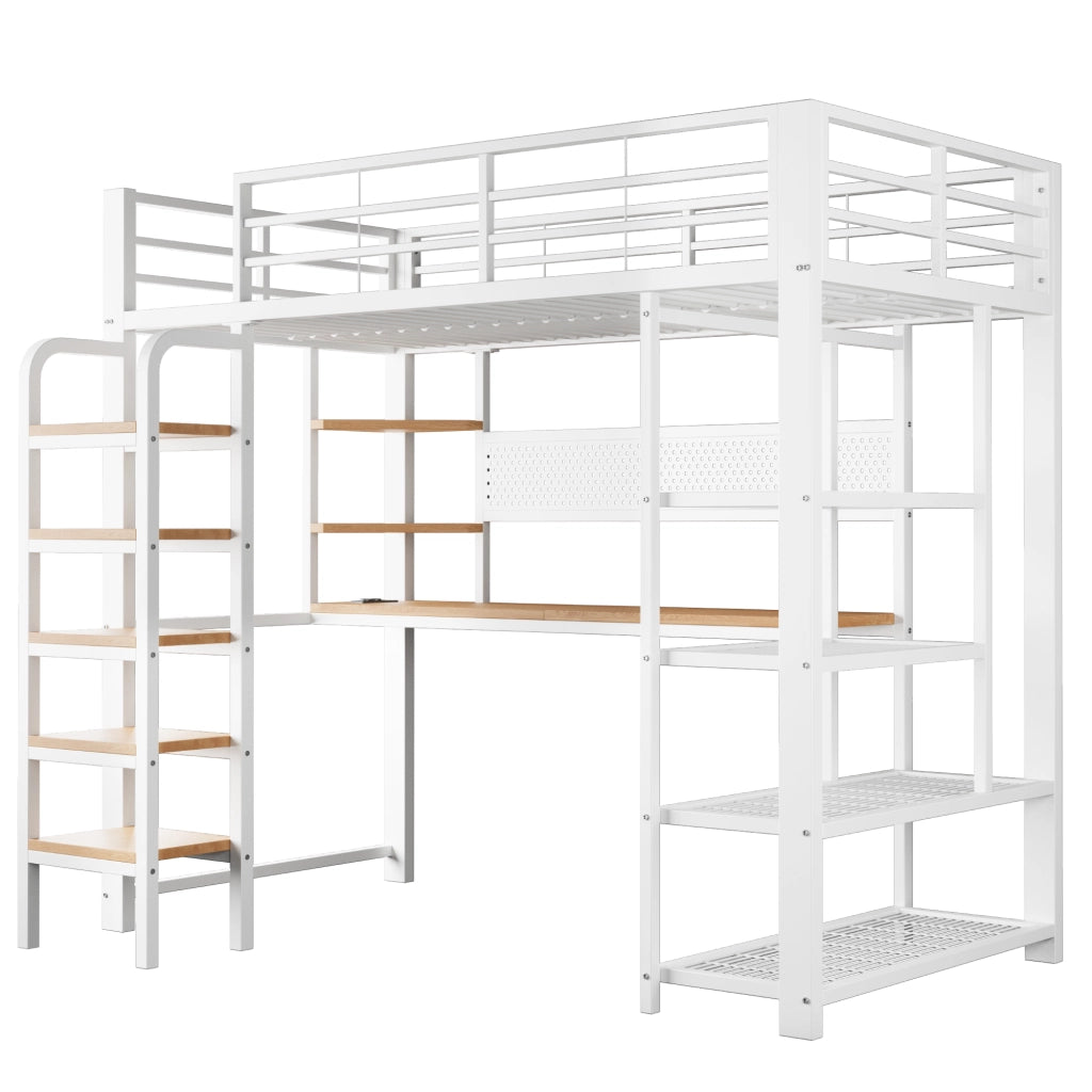 Letto a soppalco in metallo con pannello forato, scrivania, LED e scala, 90x200 cm, bianco