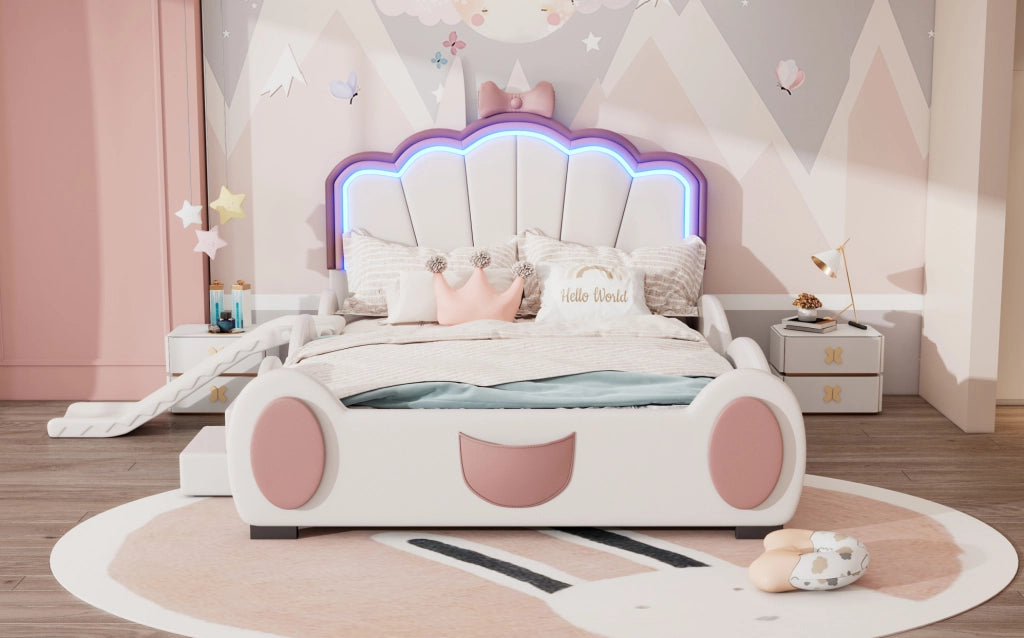 Letto per bambini 140x200 cm con design a farfalla, LED multicolore, scivolo e scala, in PU e MDF, rosa e bianco