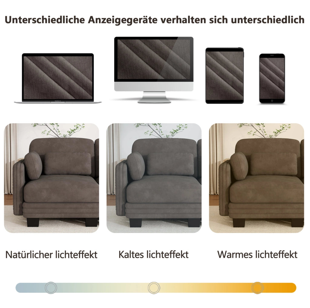 Divano modulare in ciniglia marrone con cuscini mobili; 253 x 88 x 88 cm