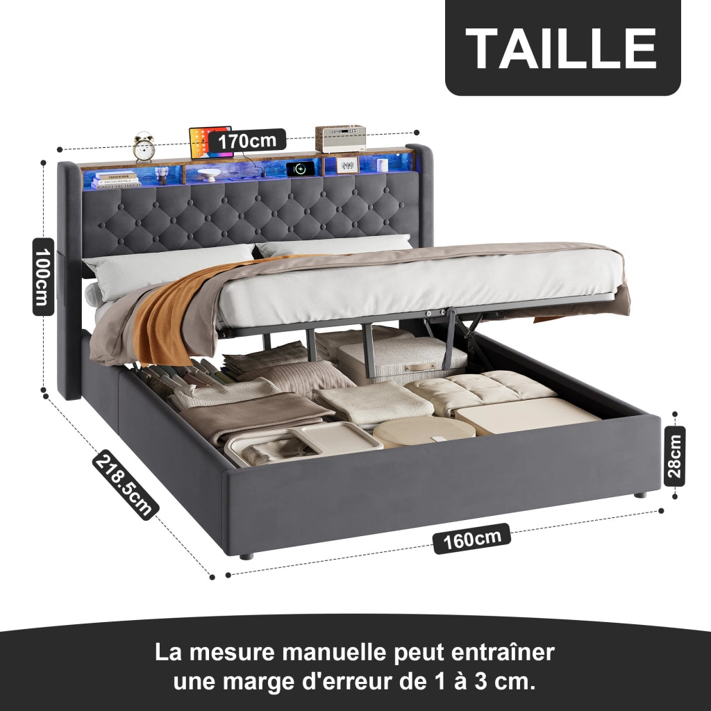 Letto contenitore matrimoniale 160x200cm;LED;vano contenitore;presa elettrica;testiera reclinabile;base imbottita;grigio scuro;materasso escluso