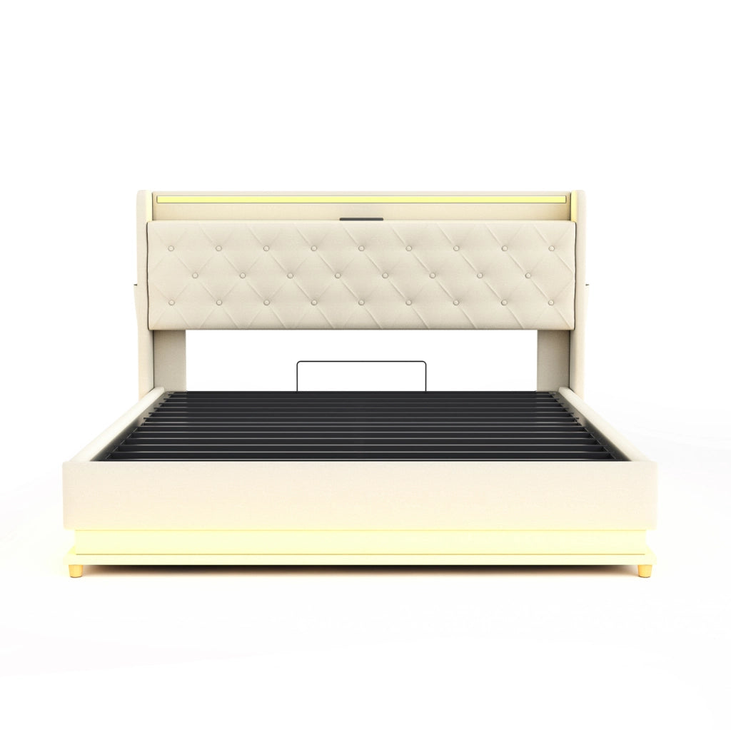 Letto imbottito beige 160x200 cm con LED, USB e vano contenitore