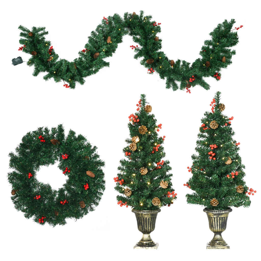 Decorazioni Natalizie, Set 4 Pezzi con 2 Alberelli di Natale ¦µ40x90 cm, Ghirlanda Natalizia e Corona di Natale