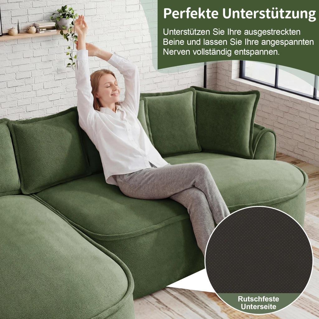 Divano modulare trasformabile con chaise longue profonda e cuscini, design senza struttura in ciniglia verde