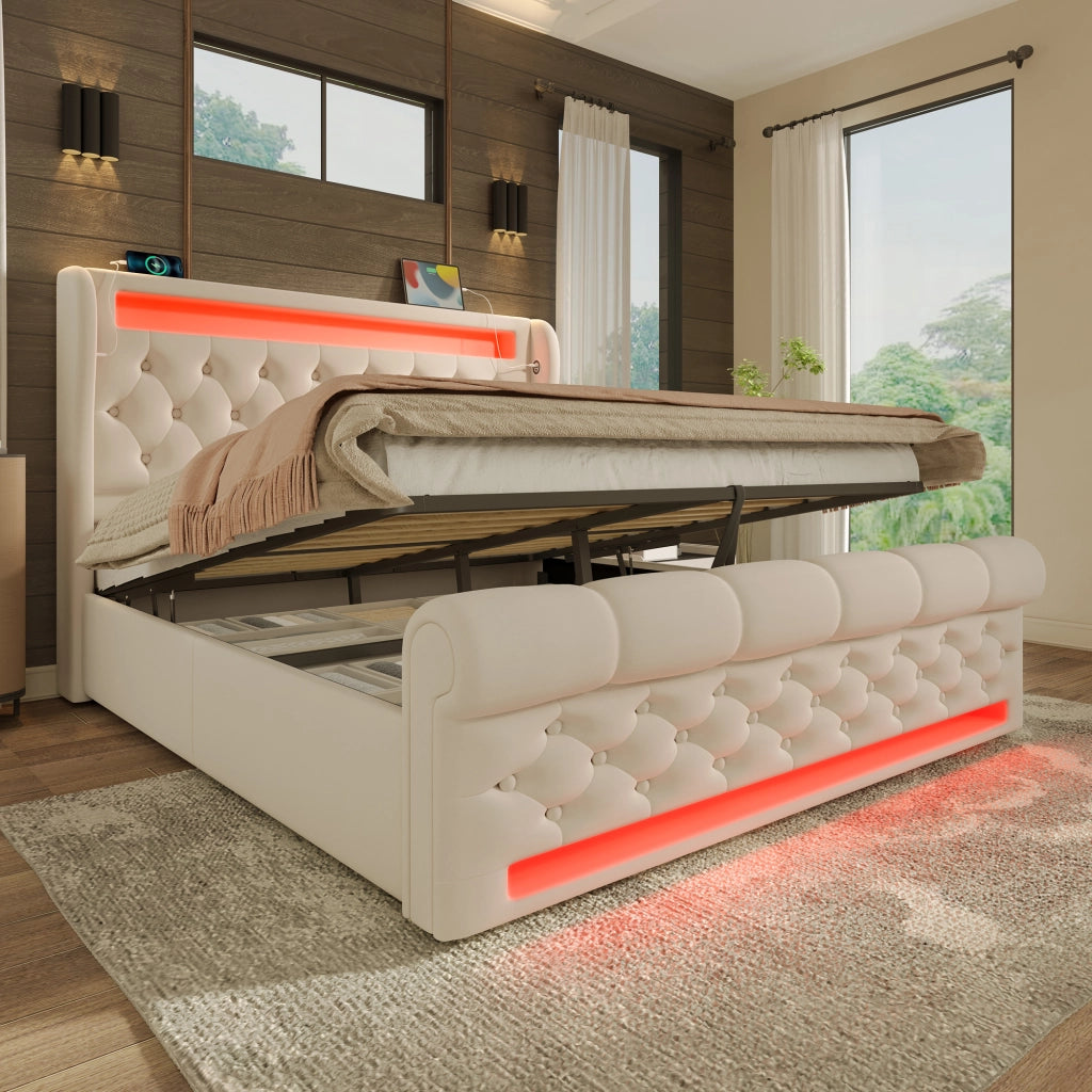 Letto contenitore 160 × 200 cm con LED USB e porta Type-C in velluto beige con vano idraulico senza materasso