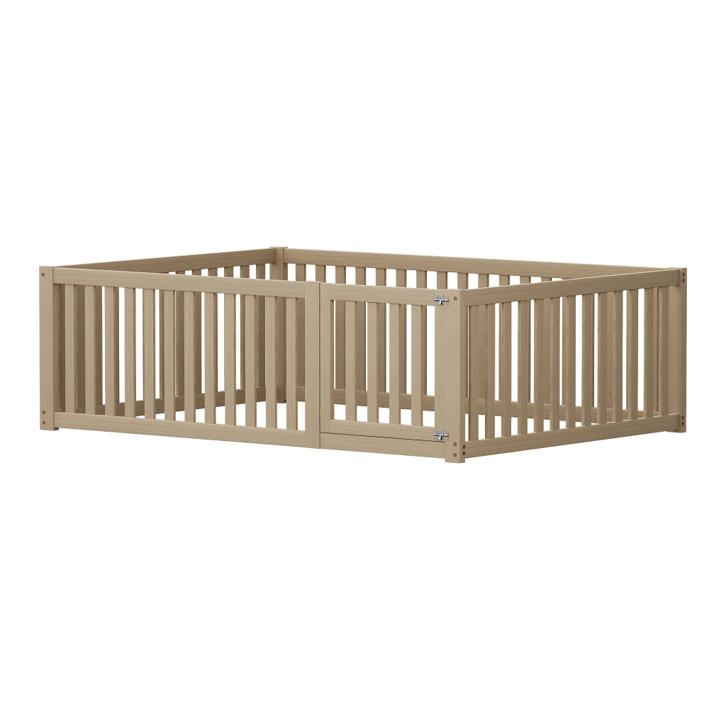Letto a terra per bambini 140x200 cm in legno con sponde e cancelletto; senza rete; naturale