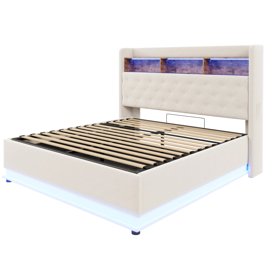 Letto matrimoniale imbottito 180 x 200 cm con luci LED multicolore; vano contenitore idraulico e presa USB; beige
