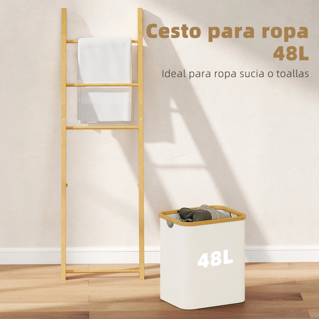Portasciugamani a Terra in Bamb¨´ con 3 Barre e Cestino per Biancheria Estraibile 48 L Crema ¨C Minimal ¨C 42x42x160 cm