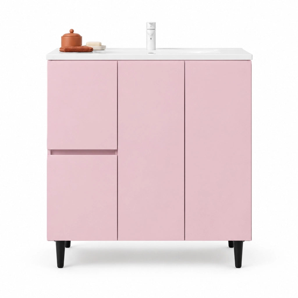 Mobile lavabo bagno 76x47x89 cm rosa MDF e ceramica, LED con sensore radar
