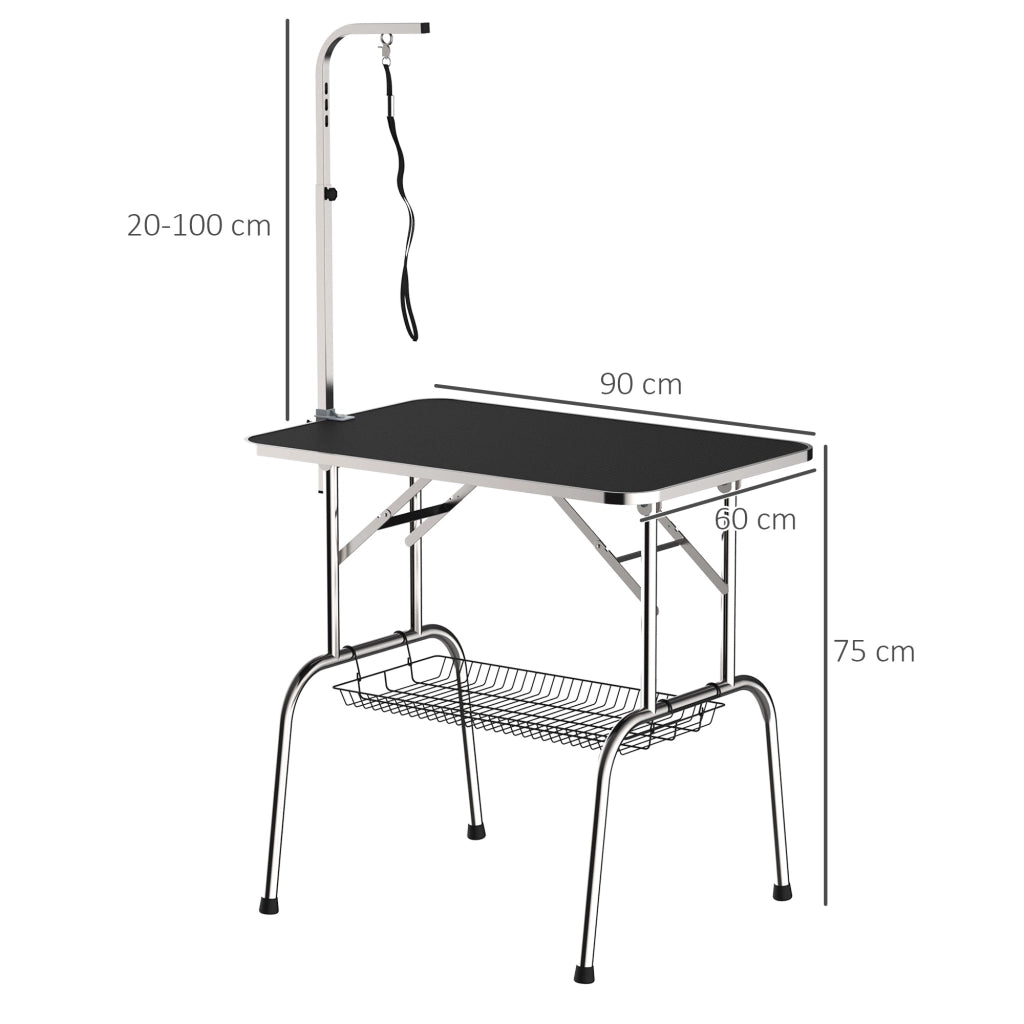 Tavolo da toelettatura per cani con braccio regolabile e cestello in acciaio inox nero 90 × 60 × 75 cm
