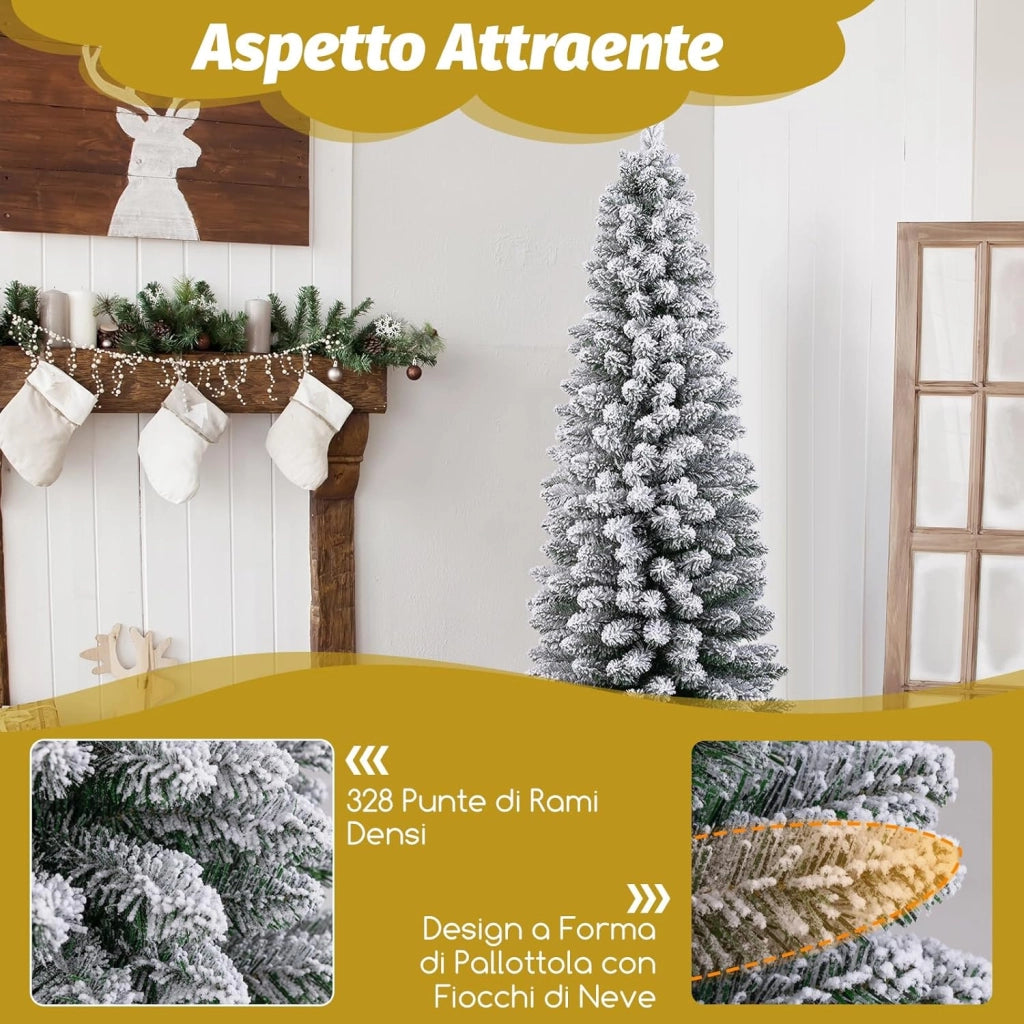 Albero di Natale Slim 120/150/180 cm, Albero di Natale Artificiale Innevato con 240/328/460 Rami e Supporto Metallico Pieghevole, per Piccoli Spazi, Decorazione per Casa e Feste (150 cm)