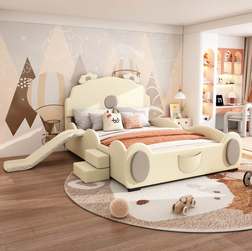 Letto per bambini 140x200 cm a forma di orso con scivolo e scala, materiale PU e MDF, beige