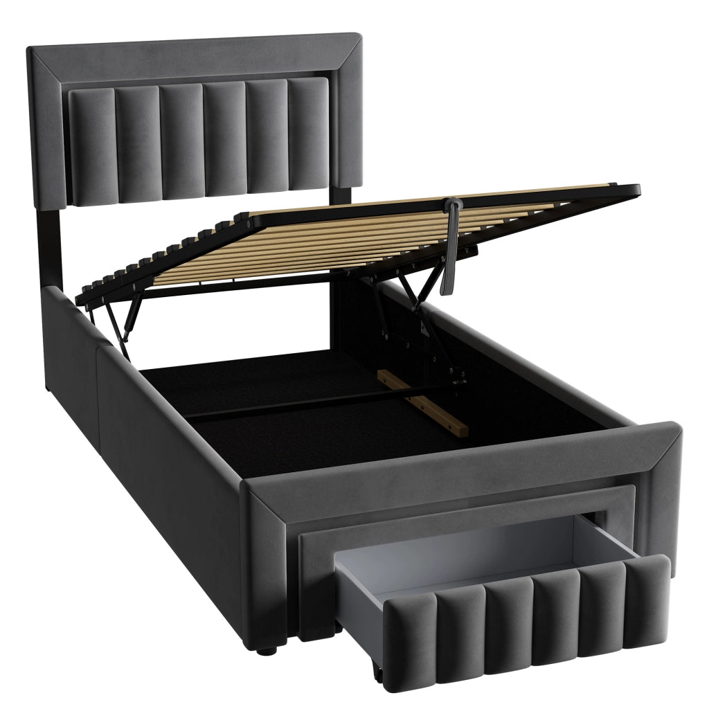 Letto imbottito grigio 90x200 cm con contenitore idraulico, LED e cassetto
