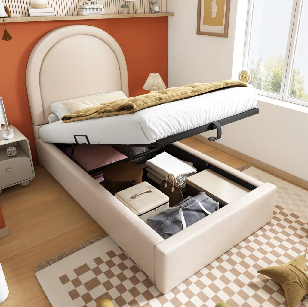 Letto imbottito singolo per bambini con contenitore; rivestimento in PU beige; materasso 90 x 200 cm
