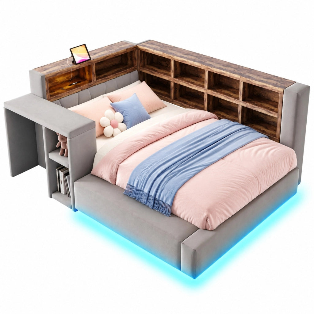 Letto imbottito 90 x 200 cm grigio scuro con LED, prese, vani e tavolino