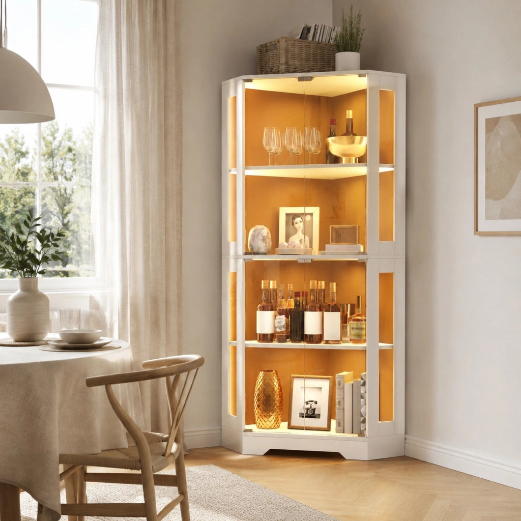 Credenza da cucina alta con LED, 4 ante in vetro e 2 ripiani regolabili, per cucina e sala da pranzo, MDF bianco