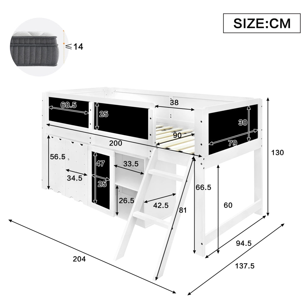 Letto a soppalco per bambini 90 × 200 cm con armadio a 2 ante, lavagna e scala inclinata, senza materasso, bianco