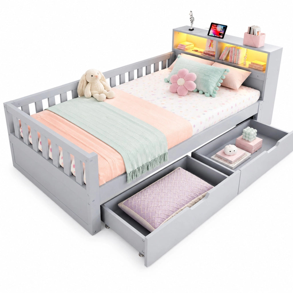 Letto multifunzione in legno con contenimento, LED e prese