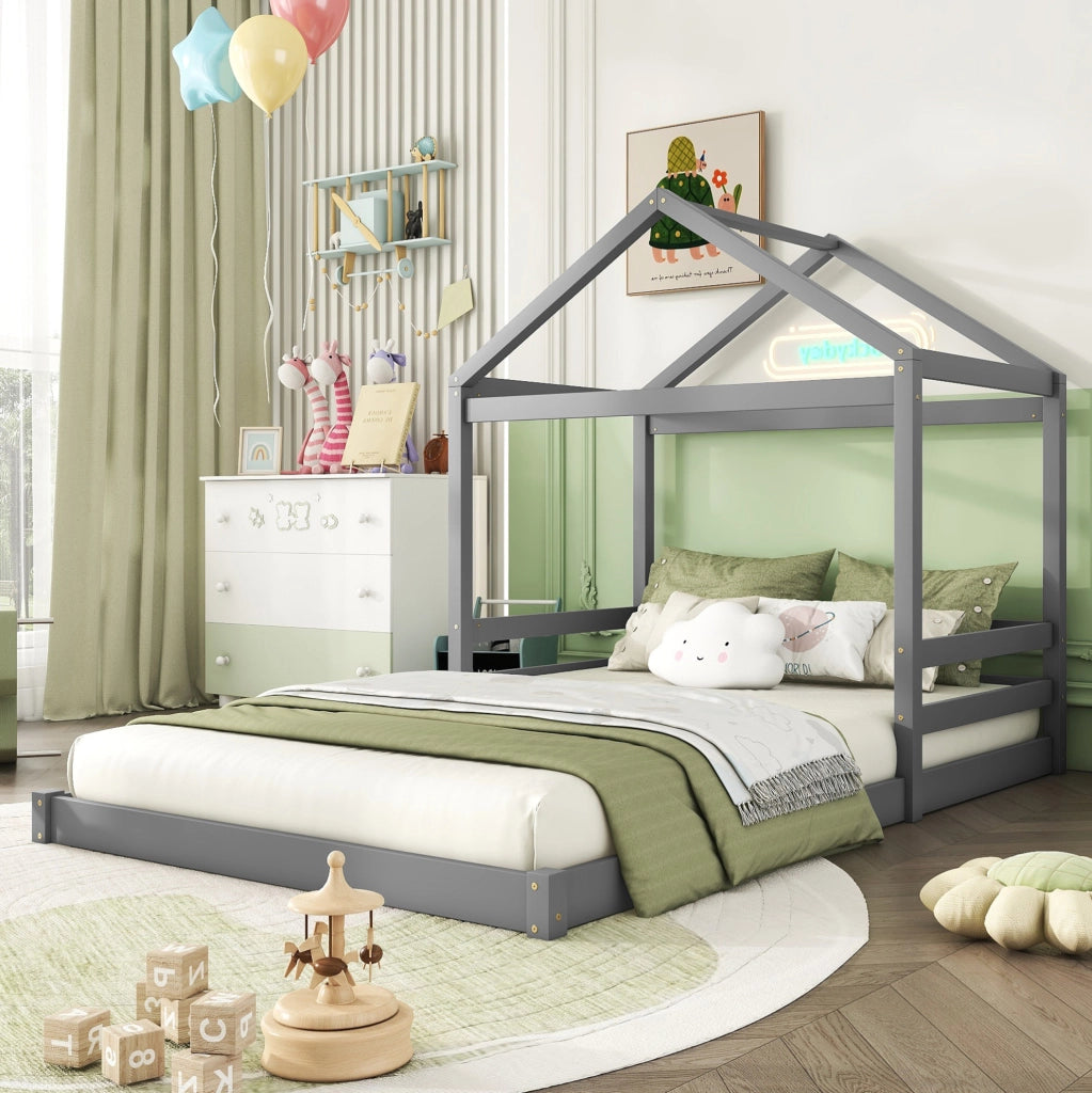 LETTO a casetta 140x200 cm in legno di pino e MDF grigio con rete a doghe