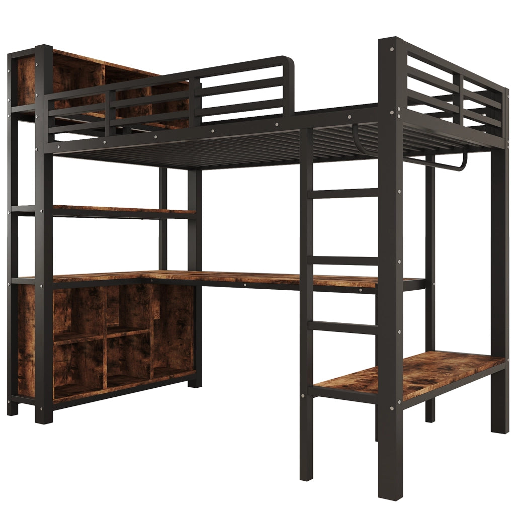 Letto a soppalco per bambini 90x200 cm con scrivania; appendiabiti; ripiani e vani; metallo e MDF nero