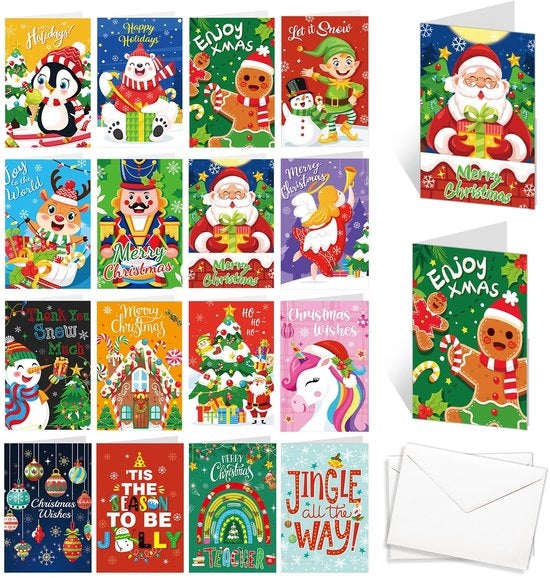 Set di Cartoline Natalizie da 32 pezzi - Cartoline Natalizie Mini - Cartoline di Auguri con Busta - Multicolore - 16 Disegni - 8 x 11 cm