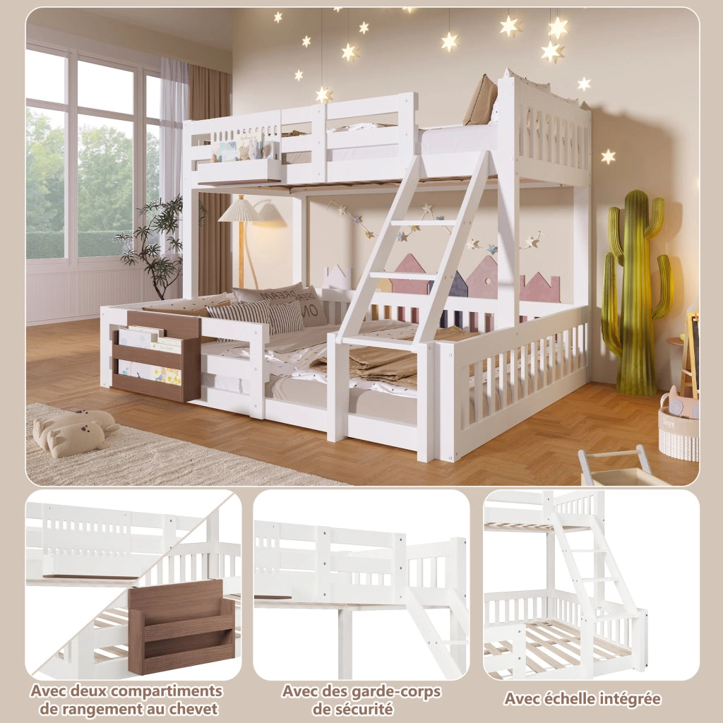 Letto a castello 3 posti 90 x 200 e 140 x 200 cm con contenitori e scaletta, letto per bambini bianco in pino, MDF e metallo con sponde di sicurezza
