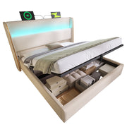 Letto Contenitore 160x200 cm; Letto Matrimoniale - LED; USB; Type-C in Lino Beige