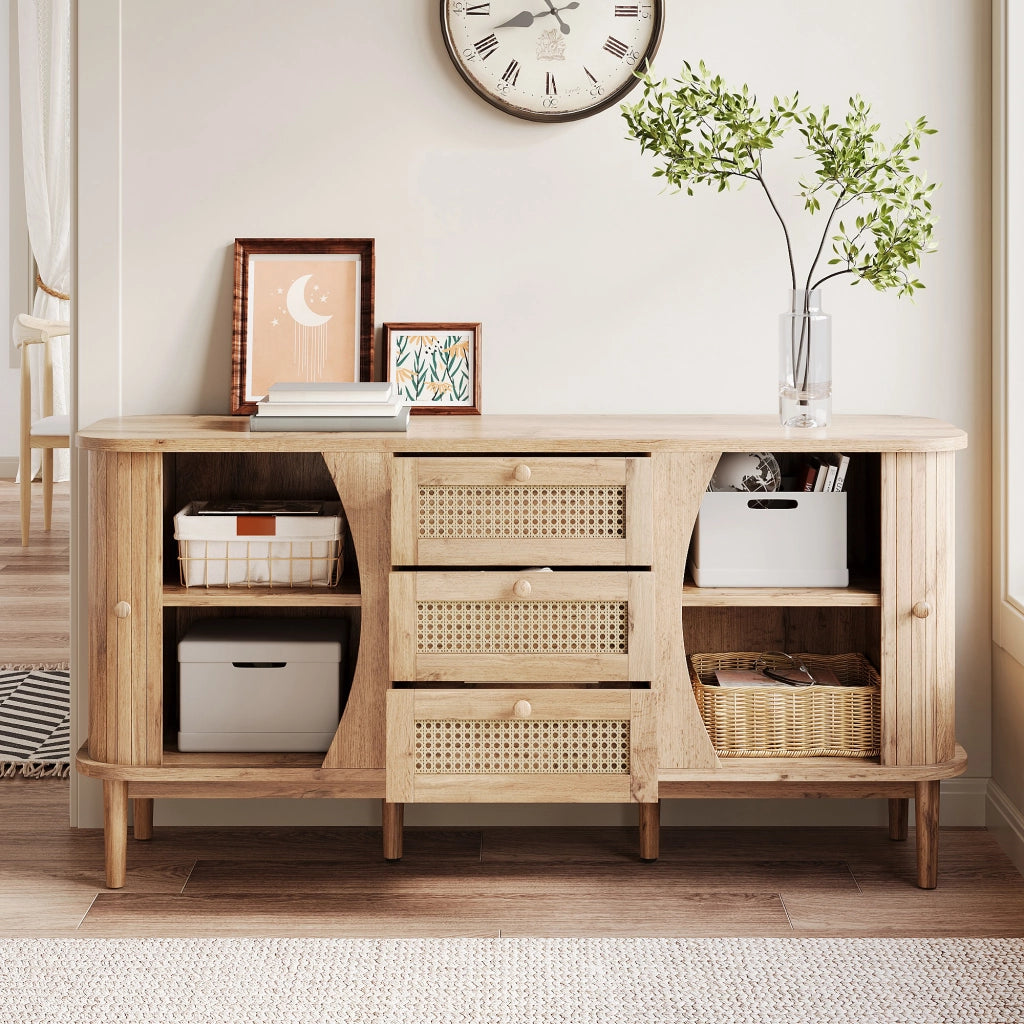 Credenza con 3 cassetti in rattan e ante scorrevoli, ripiani regolabili per soggiorno e ingresso, naturale, 140.5 × 40 × 76 cm